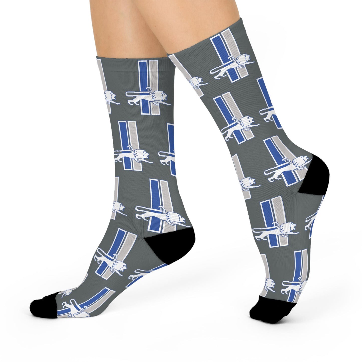 Detroit Lions Inspired Retro Leaping Lion Socks - Hand-Drawn Design on Dark Gray Cushioned Crew Socks