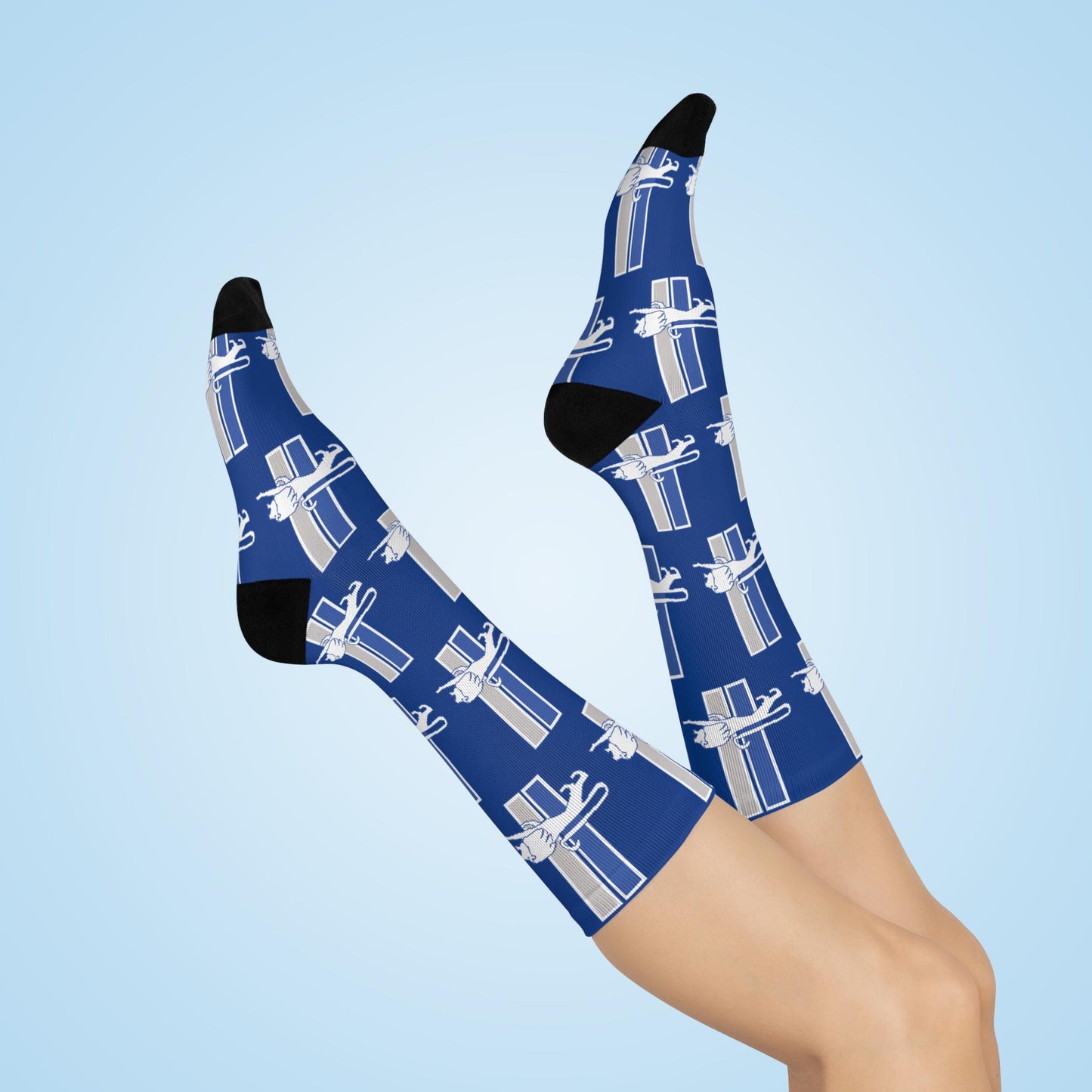 Detroit Lions Inspired Retro Leaping Lion Socks - Hand-Drawn Design on Blue Cushioned Crew Socks