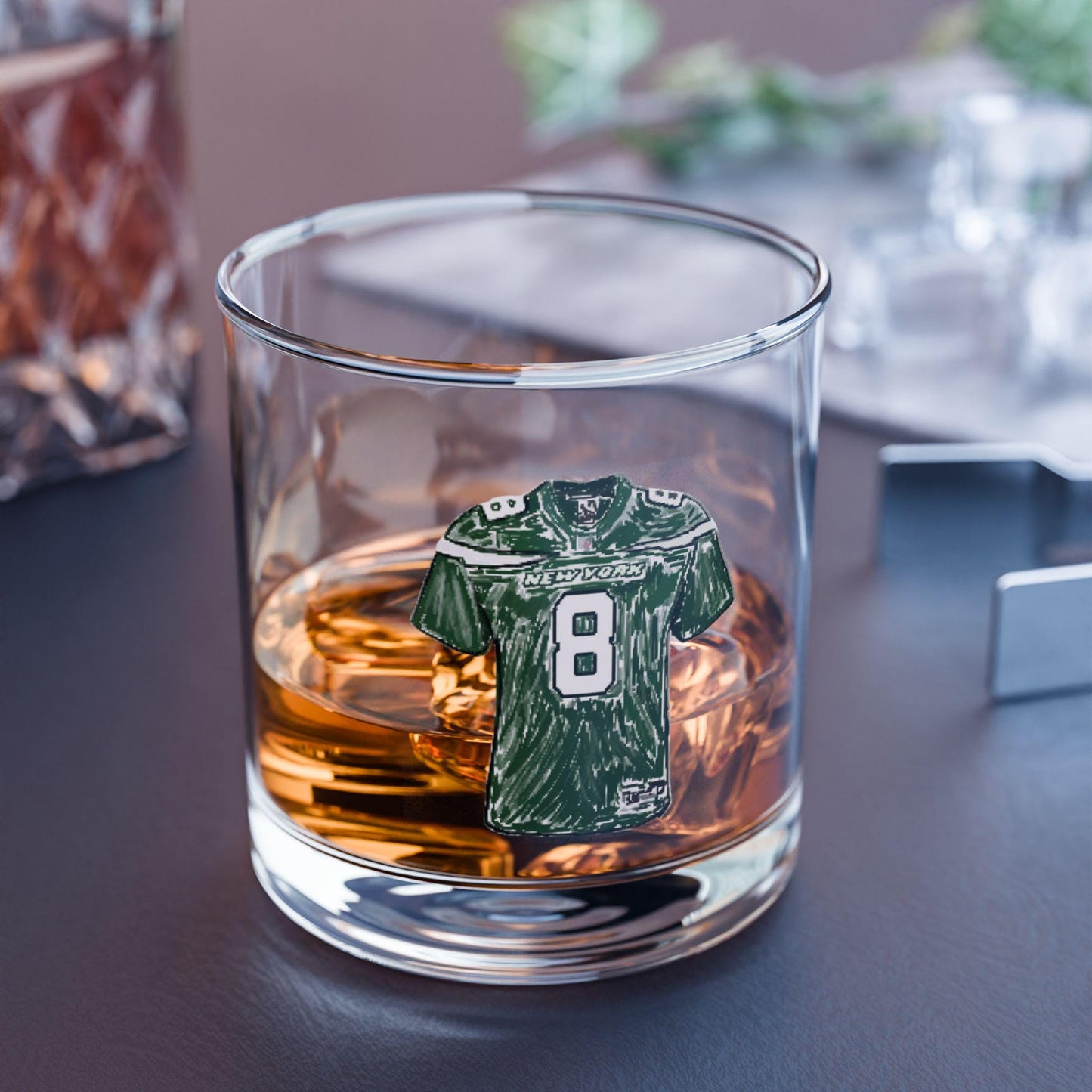 Hand-Drawn Jets-Inspired #8 Rodgers Jersey Rocks Glass - Unique Football Gift Rocks Glass, 10oz