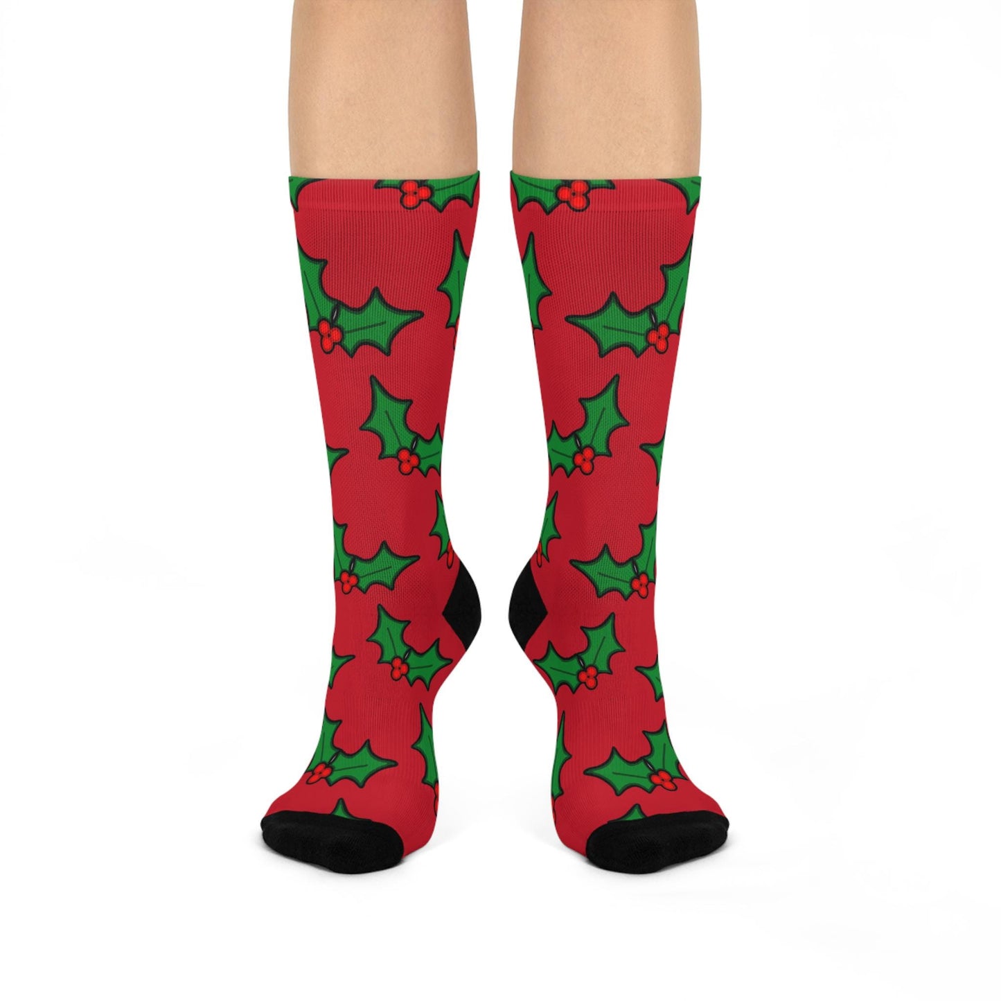 Hand-Drawn Mistletoe Christmas Socks - Festive Red and Green Holiday Socks for the Season Cushioned Crew Socks