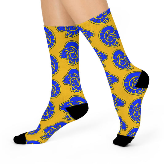 Hand-Drawn LA Rams Logo Cushioned Crew Socks - Gold and Blue Football Fan Gift Socks