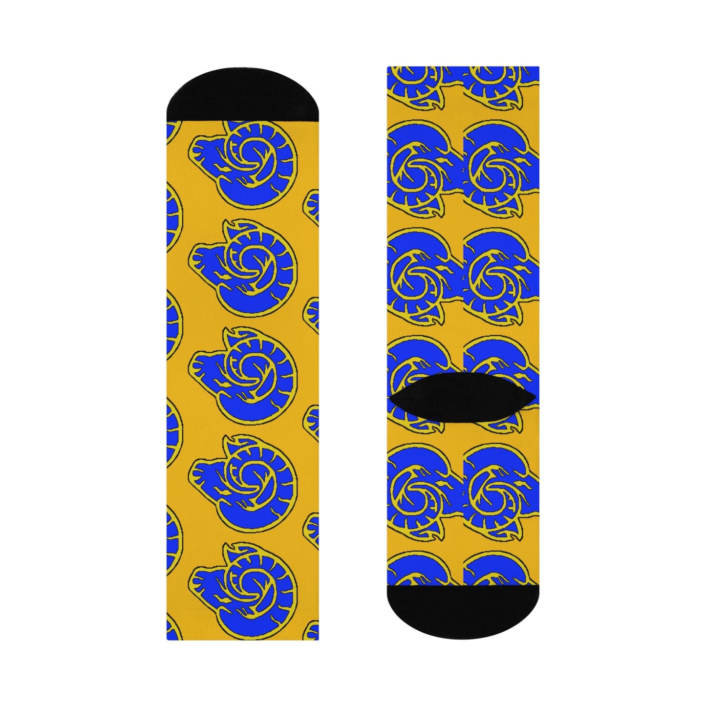 Hand-Drawn LA Rams Logo Cushioned Crew Socks - Gold and Blue Football Fan Gift Socks