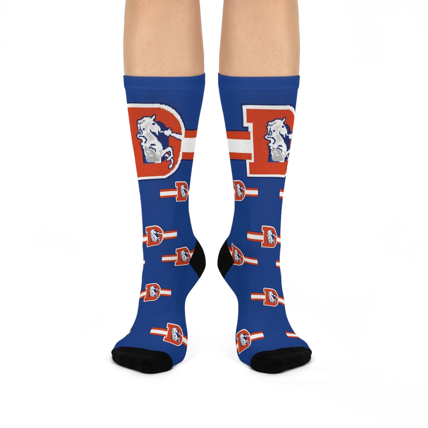 Hand-Drawn Retro Broncos-Inspired Blue Crew Socks - Unique Football Art