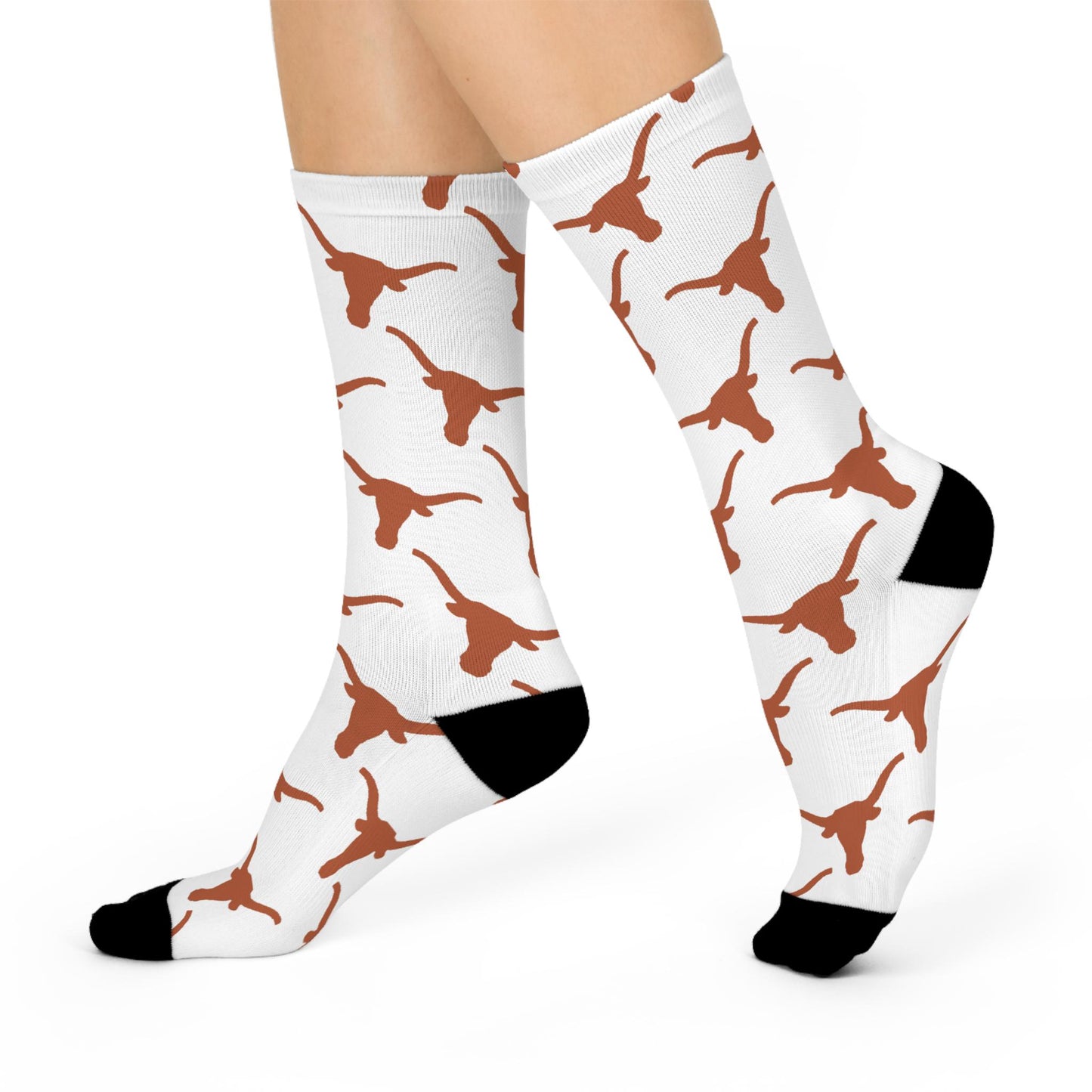 Hand-Drawn Longhorn Pattern Socks - Texas-Inspired Athletic Cushioned Crew Socks