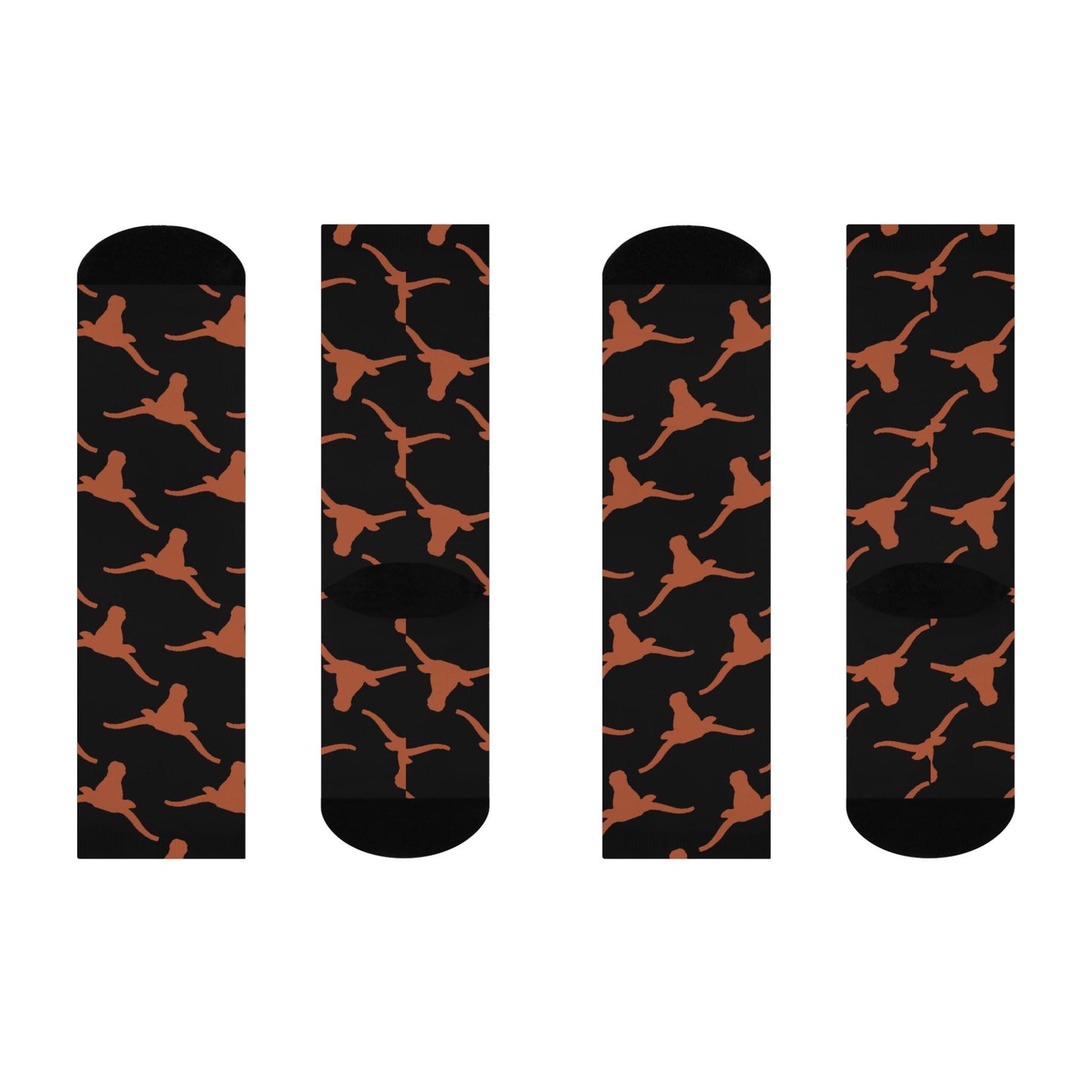 Hand-Drawn Longhorn Pattern Socks - Texas-Inspired Black Cushioned Crew Socks