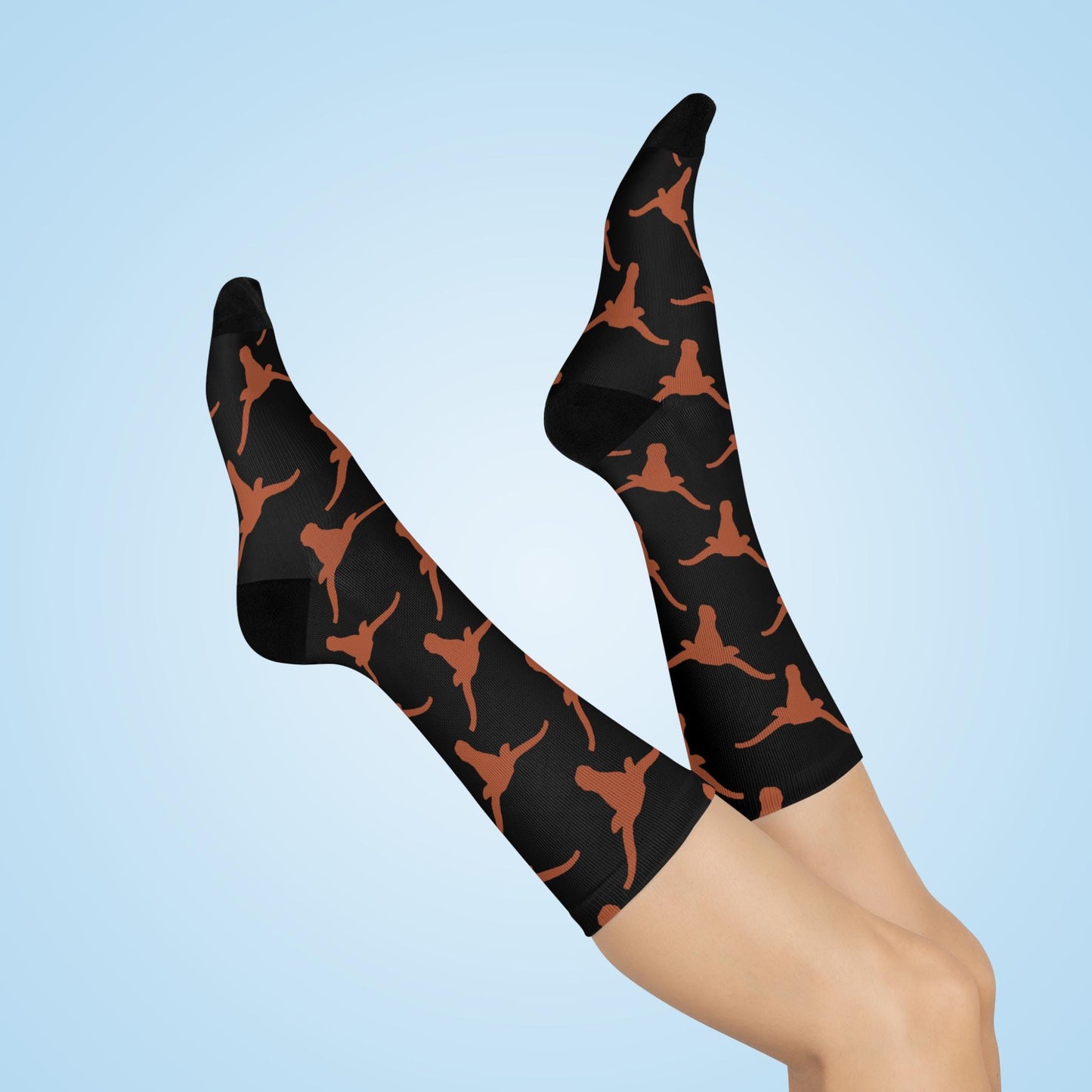 Hand-Drawn Longhorn Pattern Socks - Texas-Inspired Black Cushioned Crew Socks