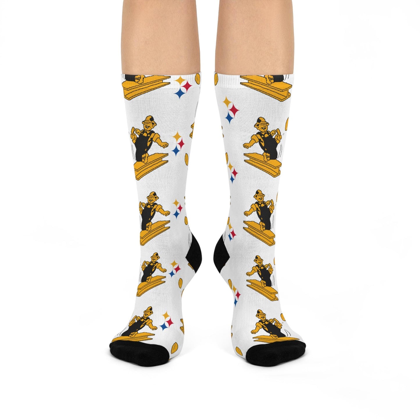 White Retro Steelers Logo Socks - Hand-Drawn Vintage Football Design Cushioned Crew Socks