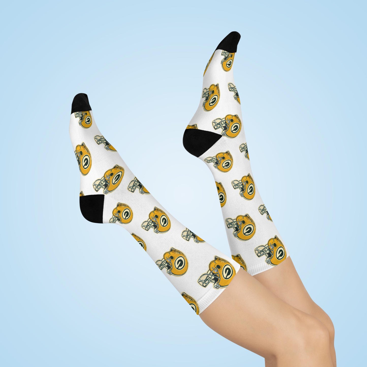 White Hand-Drawn Green Bay Packers Helmet Socks - Unique Football Fan Gift for Game Day - Cushioned Crew Socks