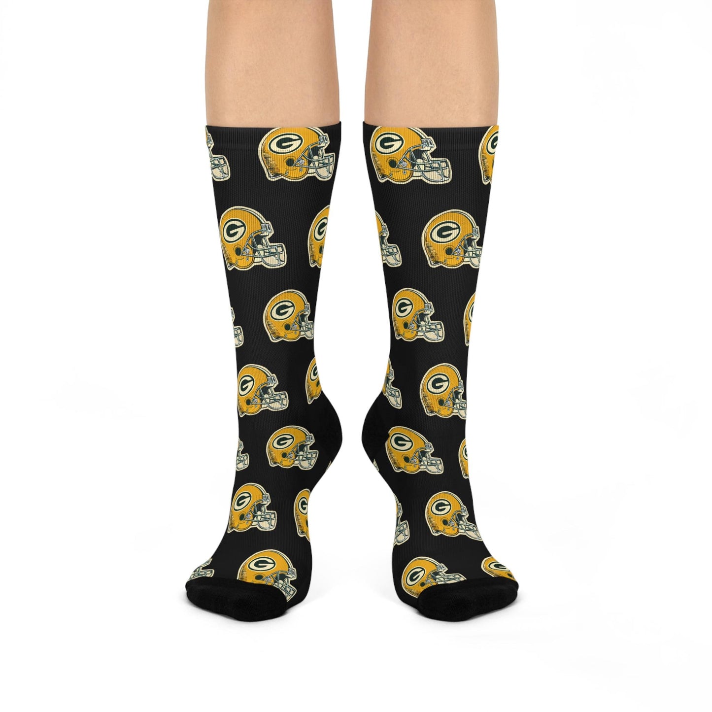 Black Hand-Drawn Green Bay Packers Helmet Socks - Unique Football Fan Gift for Game Day - Cushioned Crew Socks