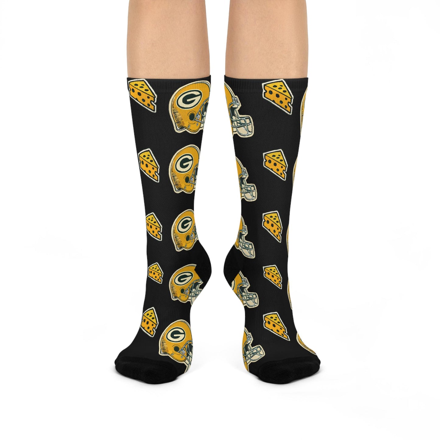 Hand-Drawn Green Bay Packers Helmet and Cheese Socks - Fun and Unique Fan Apparel - Cushioned Crew Socks