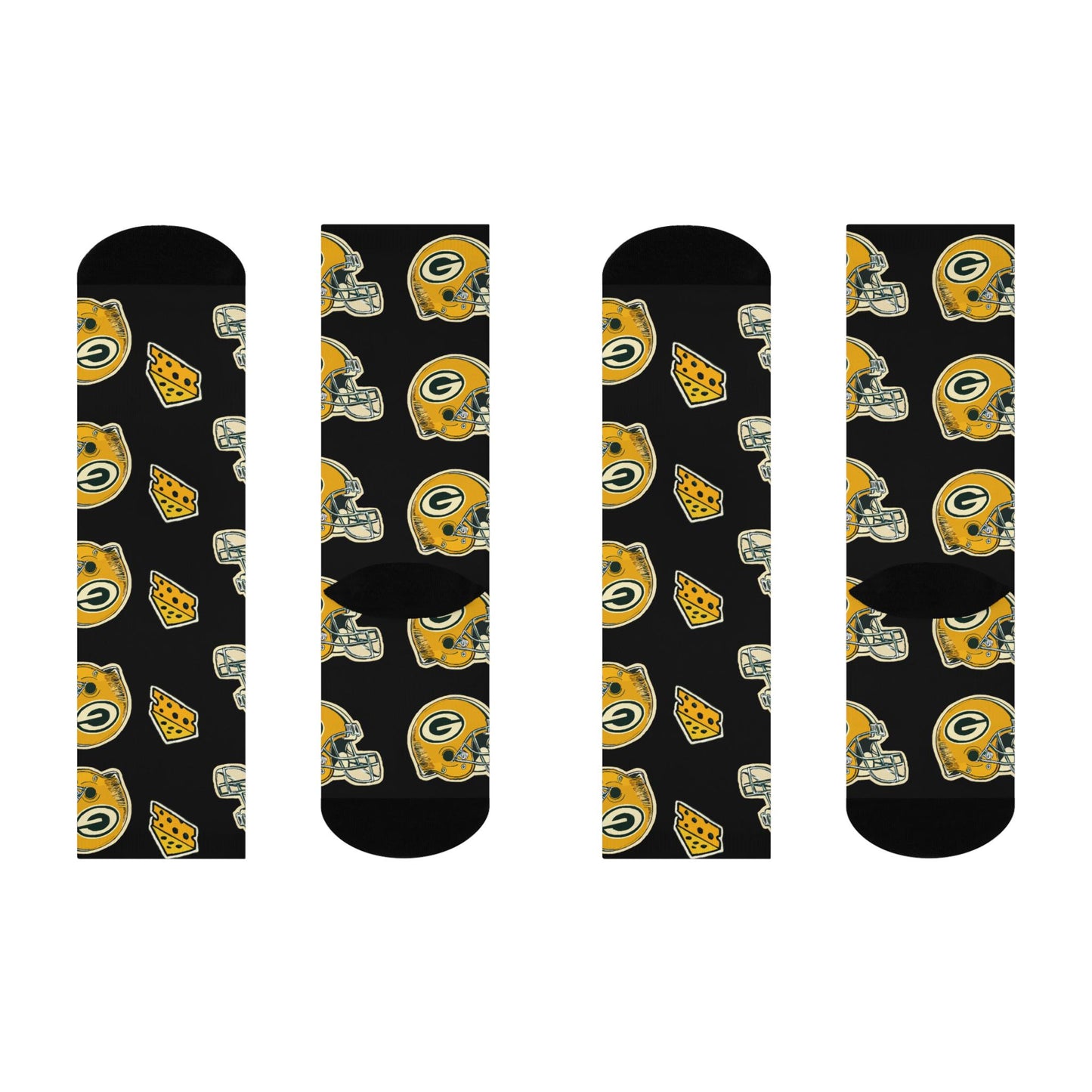 Hand-Drawn Green Bay Packers Helmet and Cheese Socks - Fun and Unique Fan Apparel - Cushioned Crew Socks