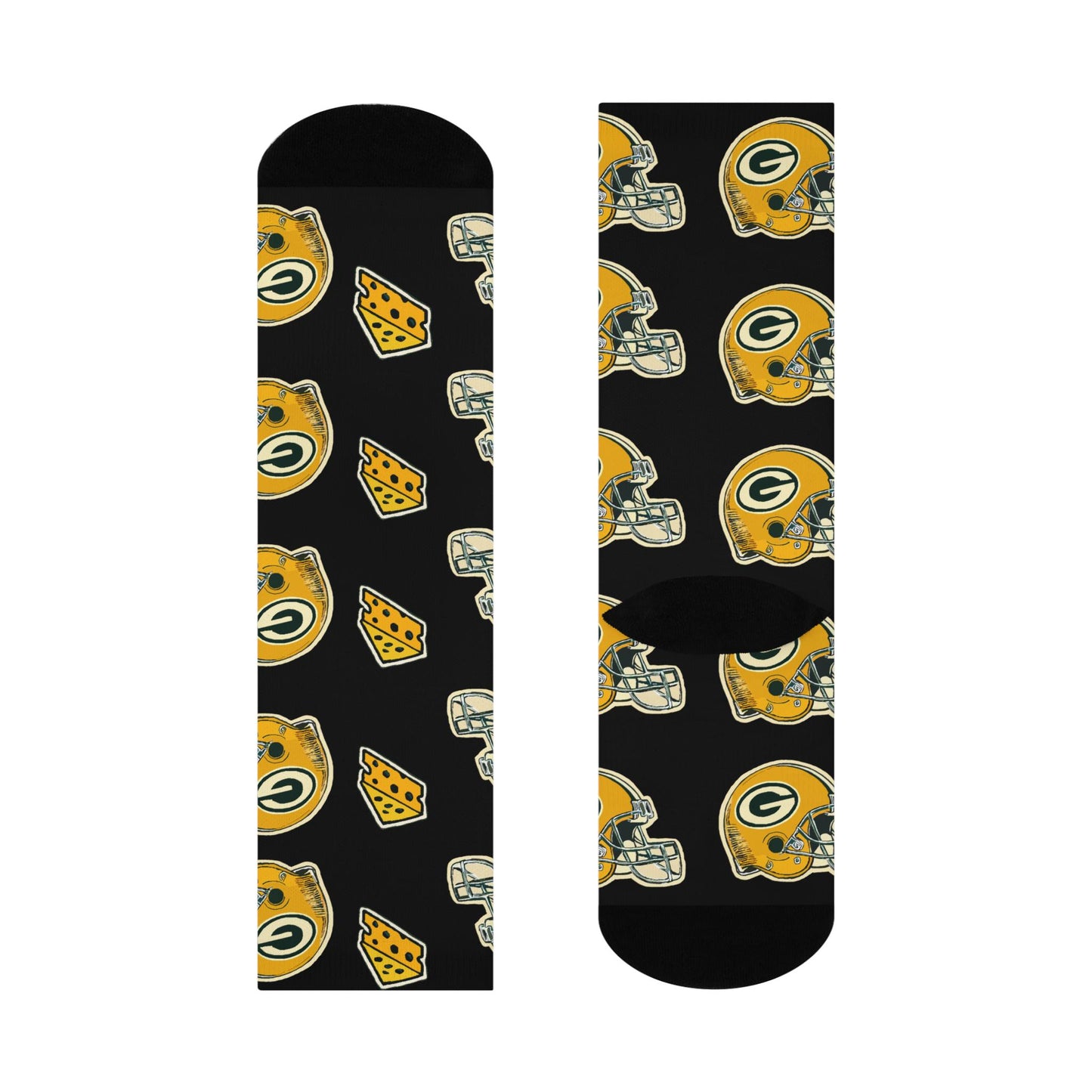 Hand-Drawn Green Bay Packers Helmet and Cheese Socks - Fun and Unique Fan Apparel - Cushioned Crew Socks