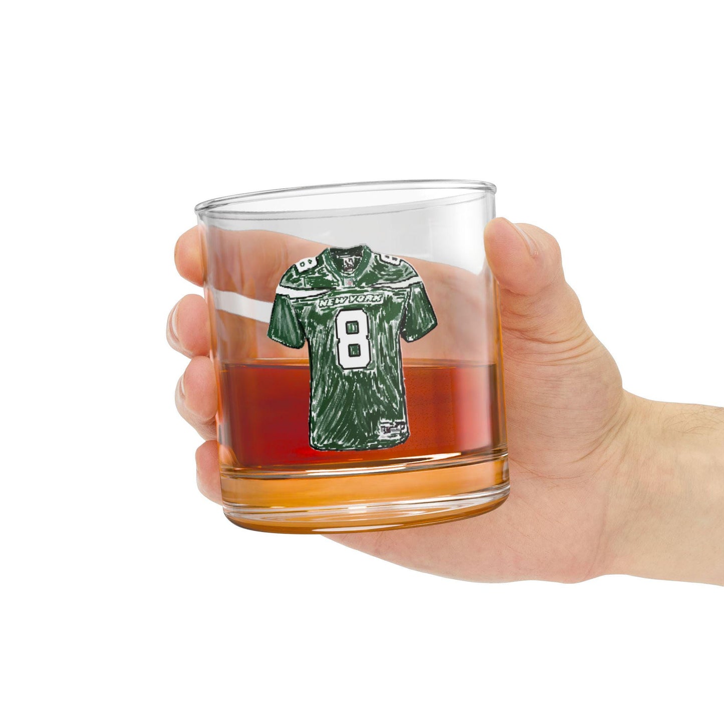 Hand-Drawn Jets-Inspired #8 Rodgers Jersey Rocks Glass - Unique Football Gift Rocks Glass, 10oz