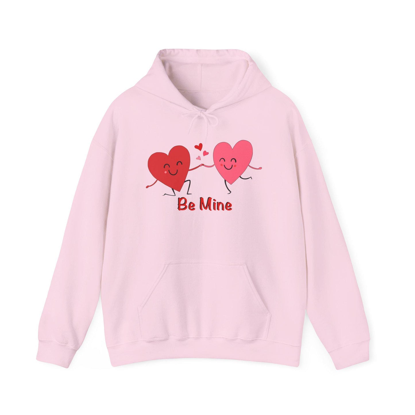 A pink sweatshirt with a hand-drawn heart design that reads 'BE MINE' on the front.