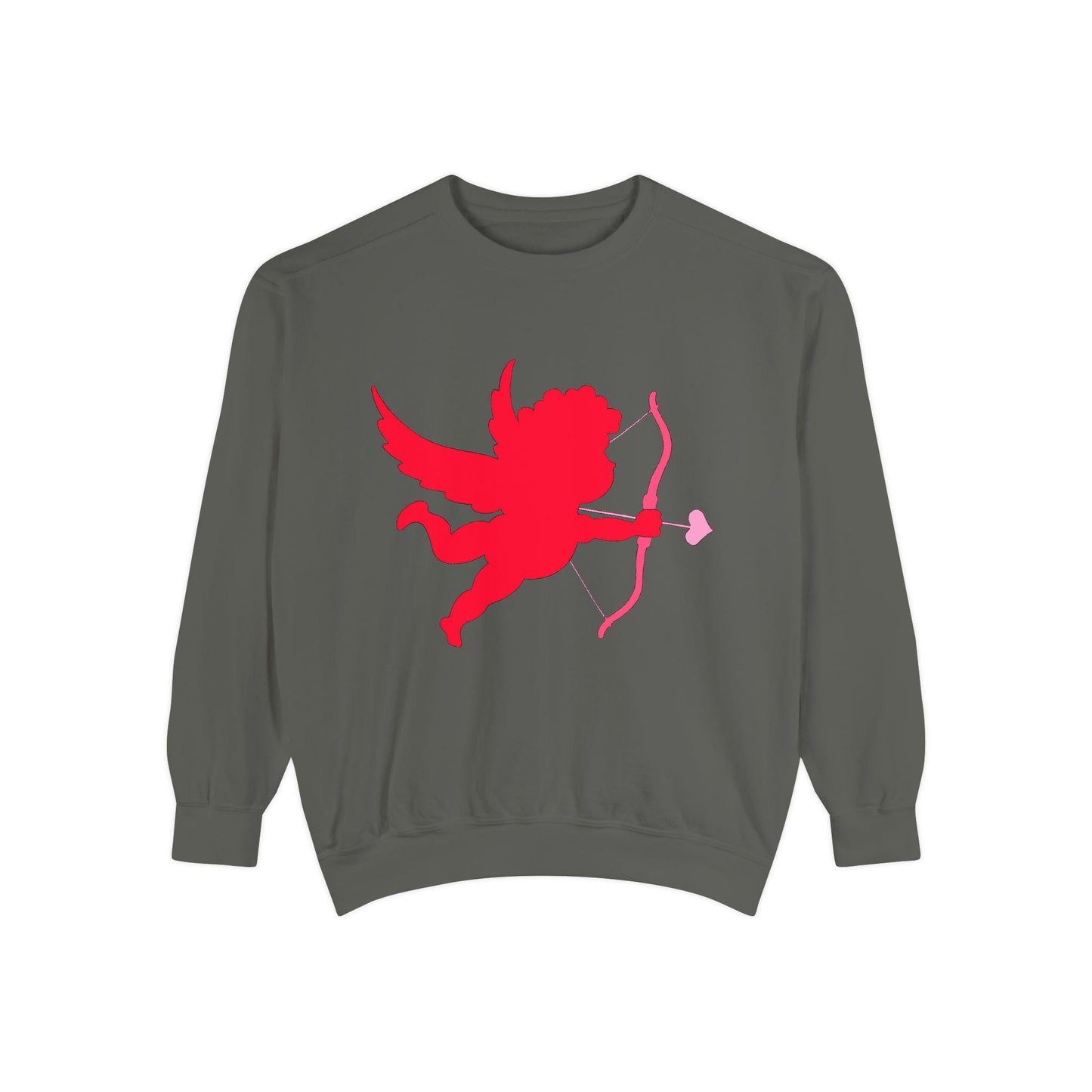 A gray unisex crew sweatshirt with a hand-drawn design of a red-colored cupid on the front and the text 'CUPID'S CUTEST VALENTINE' on the back.