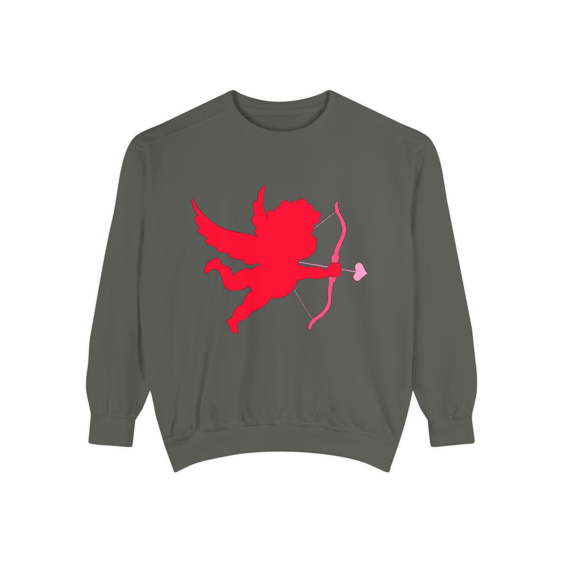 A gray unisex crew sweatshirt with a hand-drawn design of a red-colored cupid on the front and the text 'CUPID'S CUTEST VALENTINE' on the back.