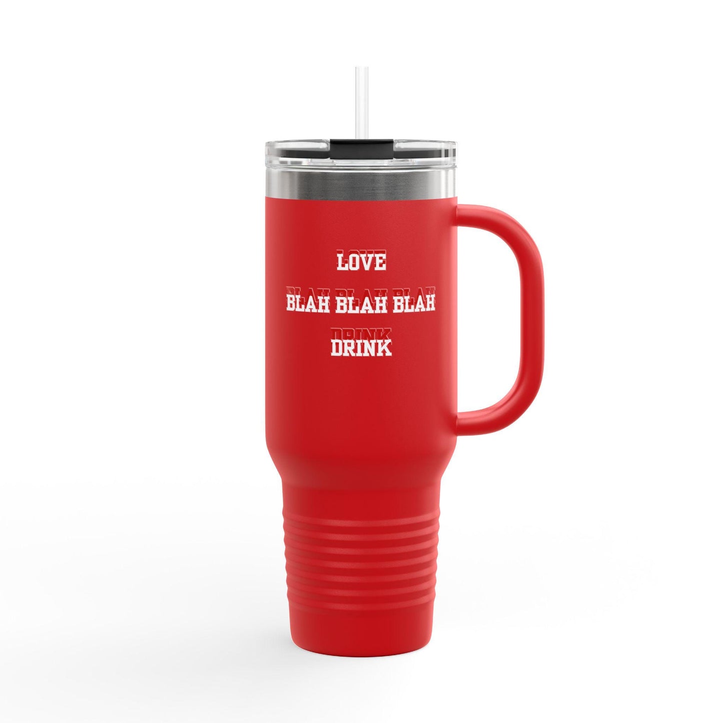 Anti-Valentine’s Day 40oz insulated travel mug hand-drawn Love Blah Blah Blah design