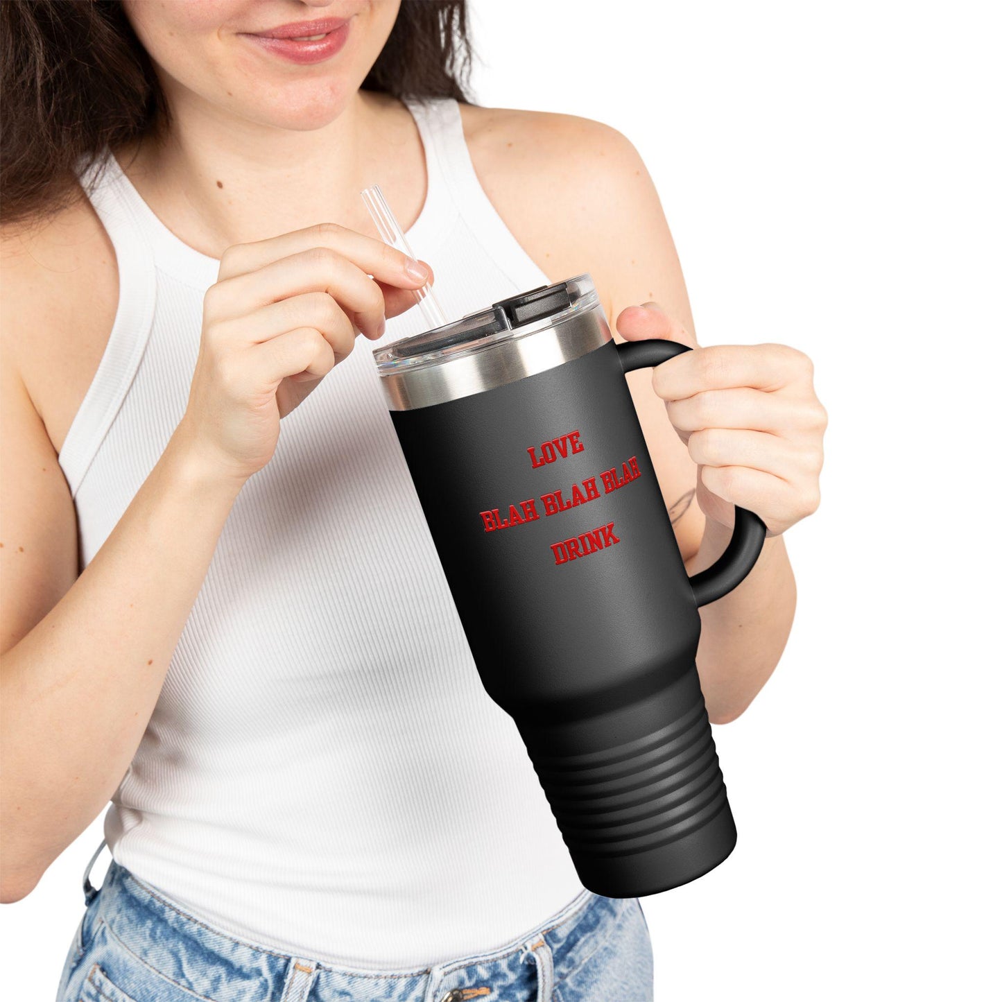 Anti-Valentine’s Day 40oz insulated travel mug hand-drawn Love Blah Blah Blah design