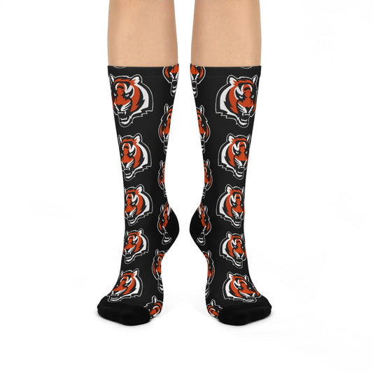 Hand-Drawn Cincinnati Bengals Crew Socks - Bold Tiger Logo Black Socks Cushioned Crew Socks