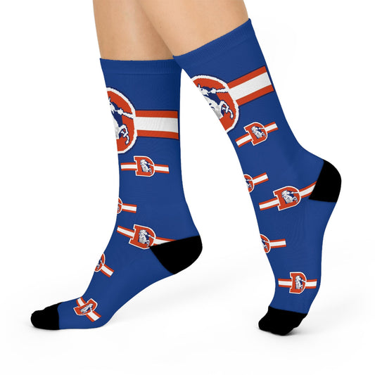 Hand-Drawn Retro Broncos-Inspired Blue Crew Socks - Unique Football Art