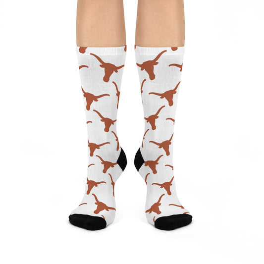 Hand-Drawn Longhorn Pattern Socks - Texas-Inspired Athletic Cushioned Crew Socks