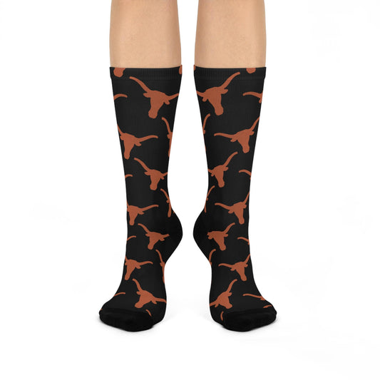 Hand-Drawn Longhorn Pattern Socks - Texas-Inspired Black Cushioned Crew Socks