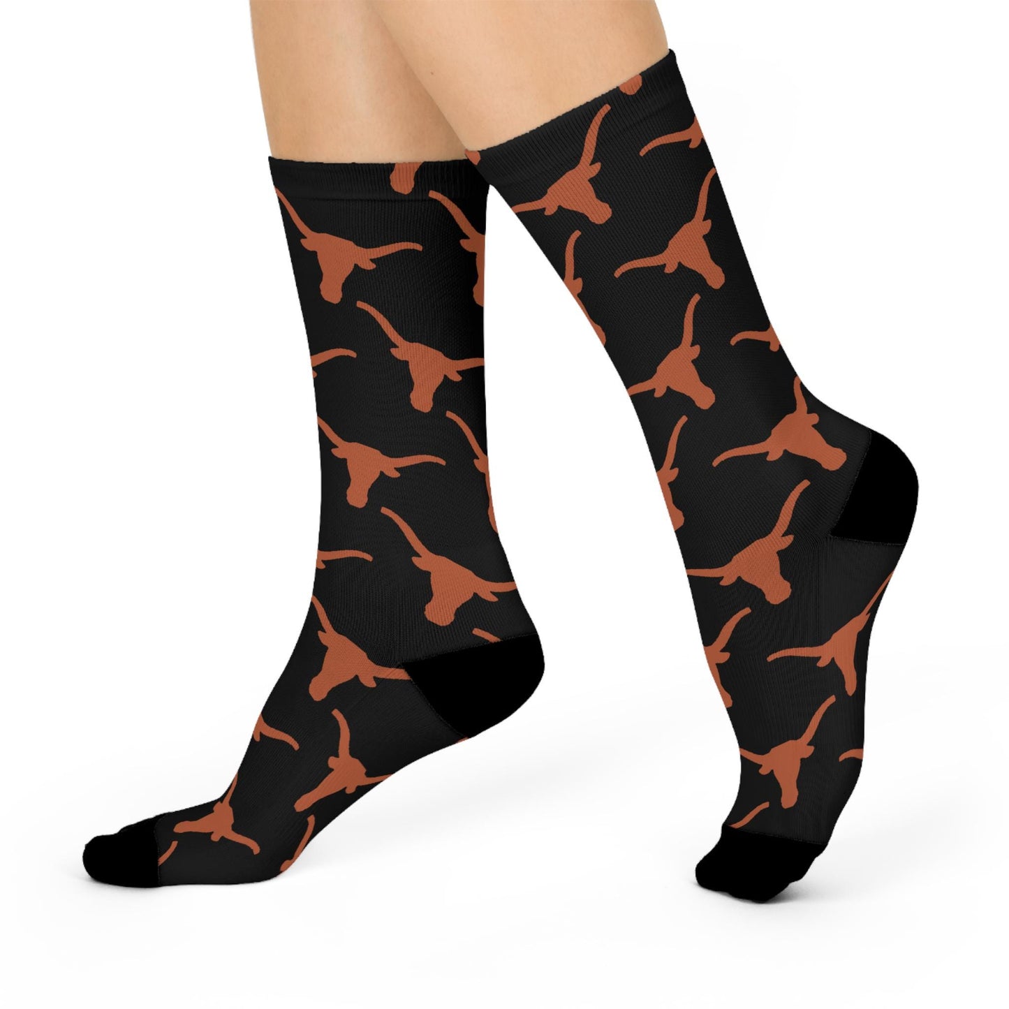 Hand-Drawn Longhorn Pattern Socks - Texas-Inspired Black Cushioned Crew Socks