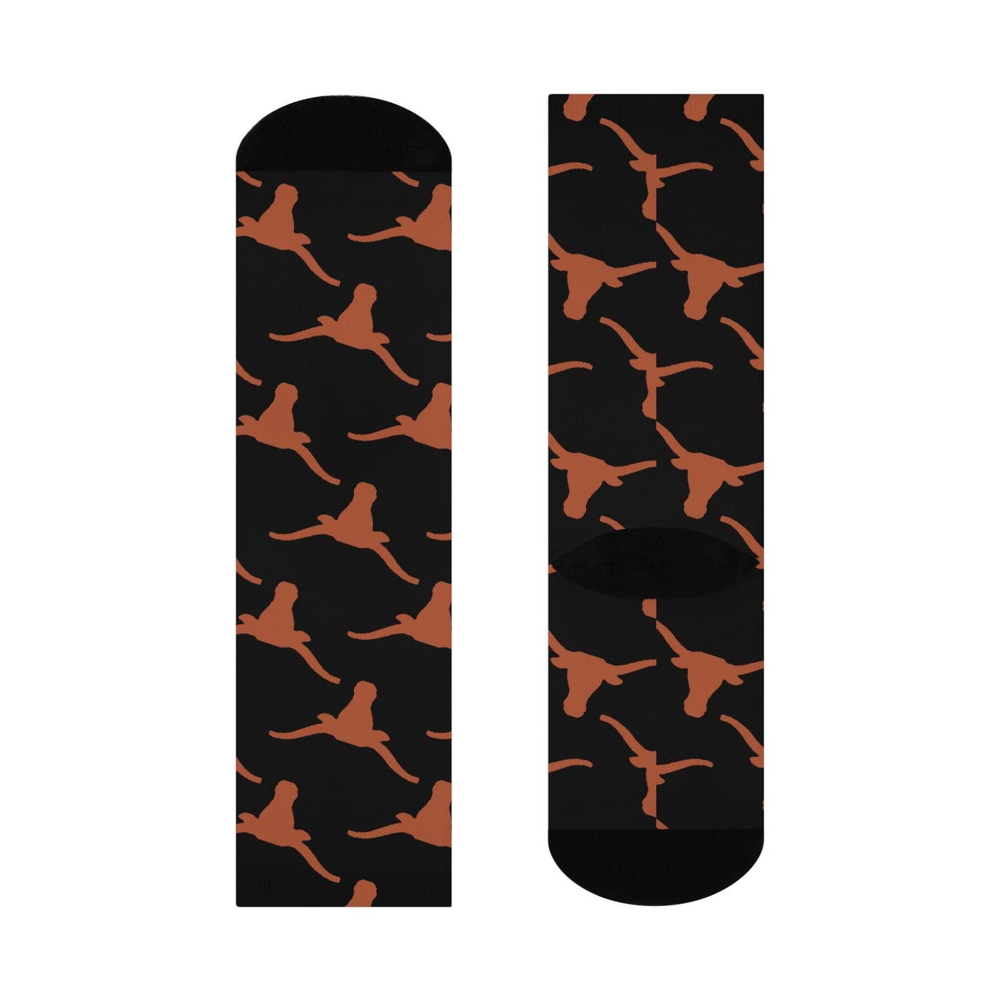 Hand-Drawn Longhorn Pattern Socks - Texas-Inspired Black Cushioned Crew Socks