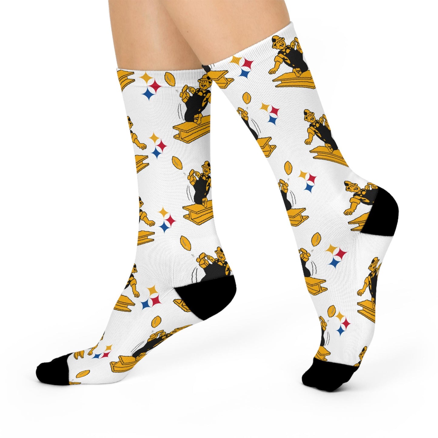 White Retro Steelers Logo Socks - Hand-Drawn Vintage Football Design Cushioned Crew Socks