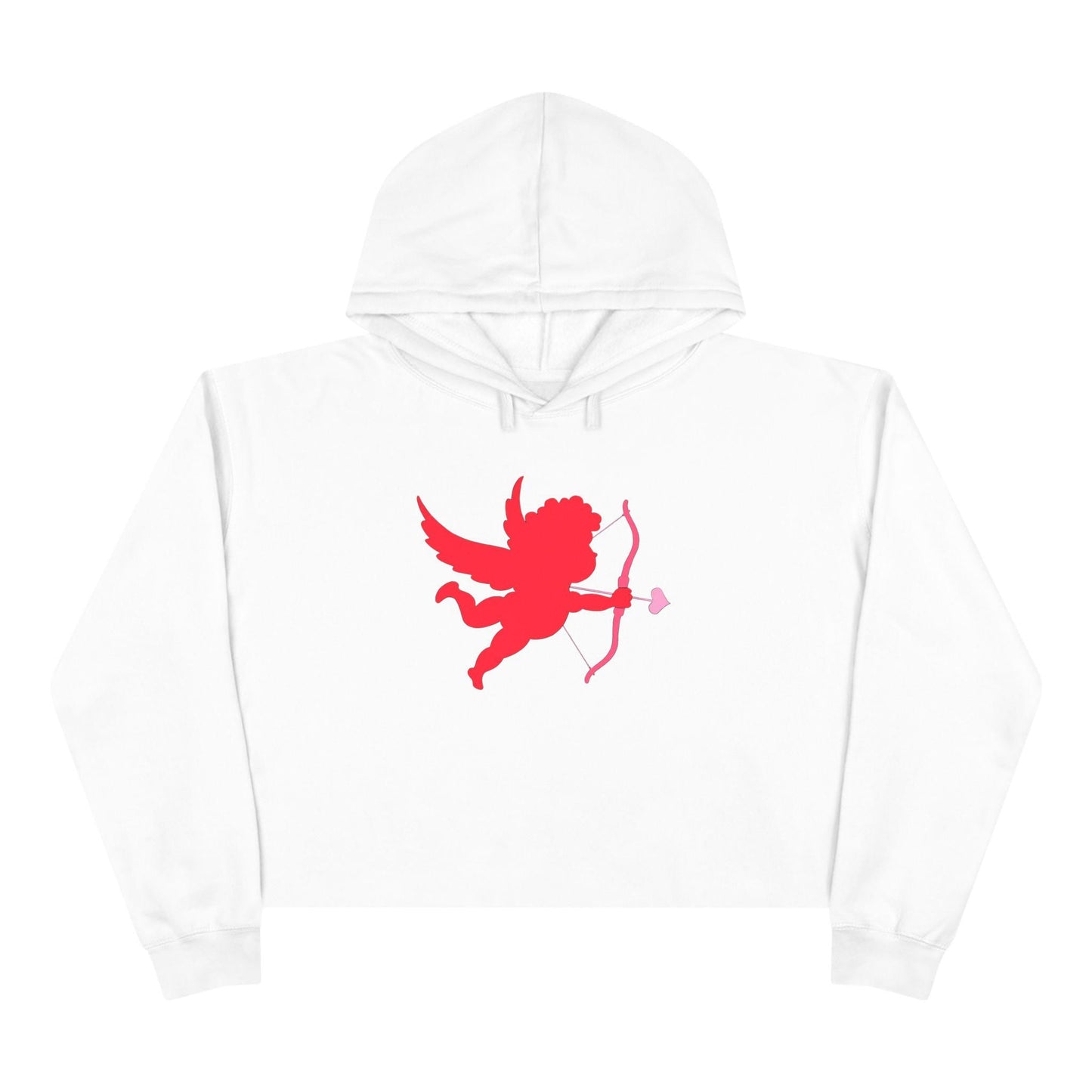 A white crop hoodie with a hand-drawn red cupid design and a heart-tipped arrow on the front.
