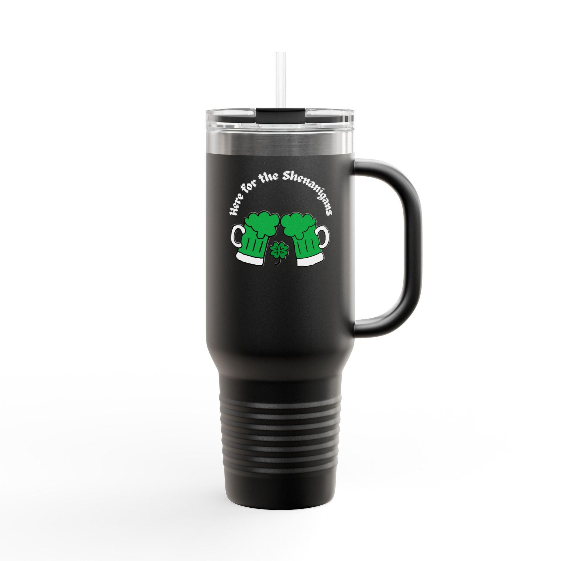 A black 40 oz insulated stainless steel tumbler with a handle and straw, featuring a hand-drawn green beer design and text 'Here for the Shenanigans'.