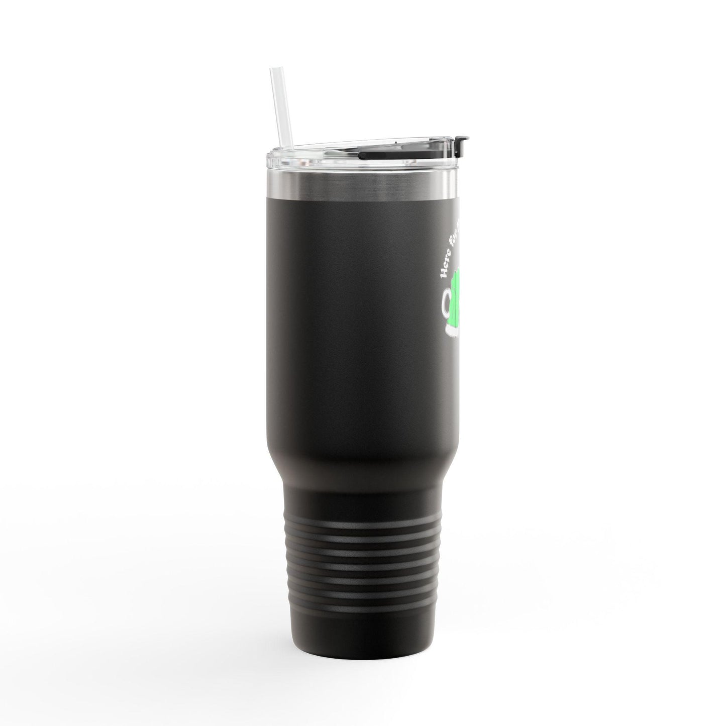 A black 40 oz insulated stainless steel tumbler with a handle and straw, featuring a hand-drawn green beer design and text 'Here for the Shenanigans'.