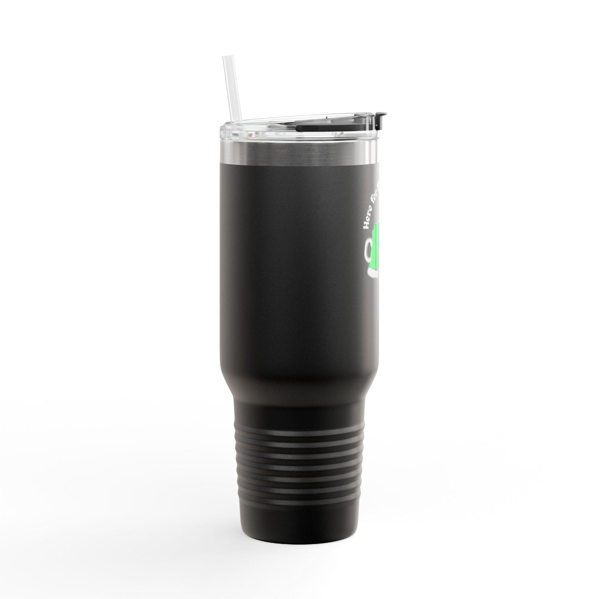 A black 40 oz insulated stainless steel tumbler with a handle and straw, featuring a hand-drawn green beer design and text 'Here for the Shenanigans'.