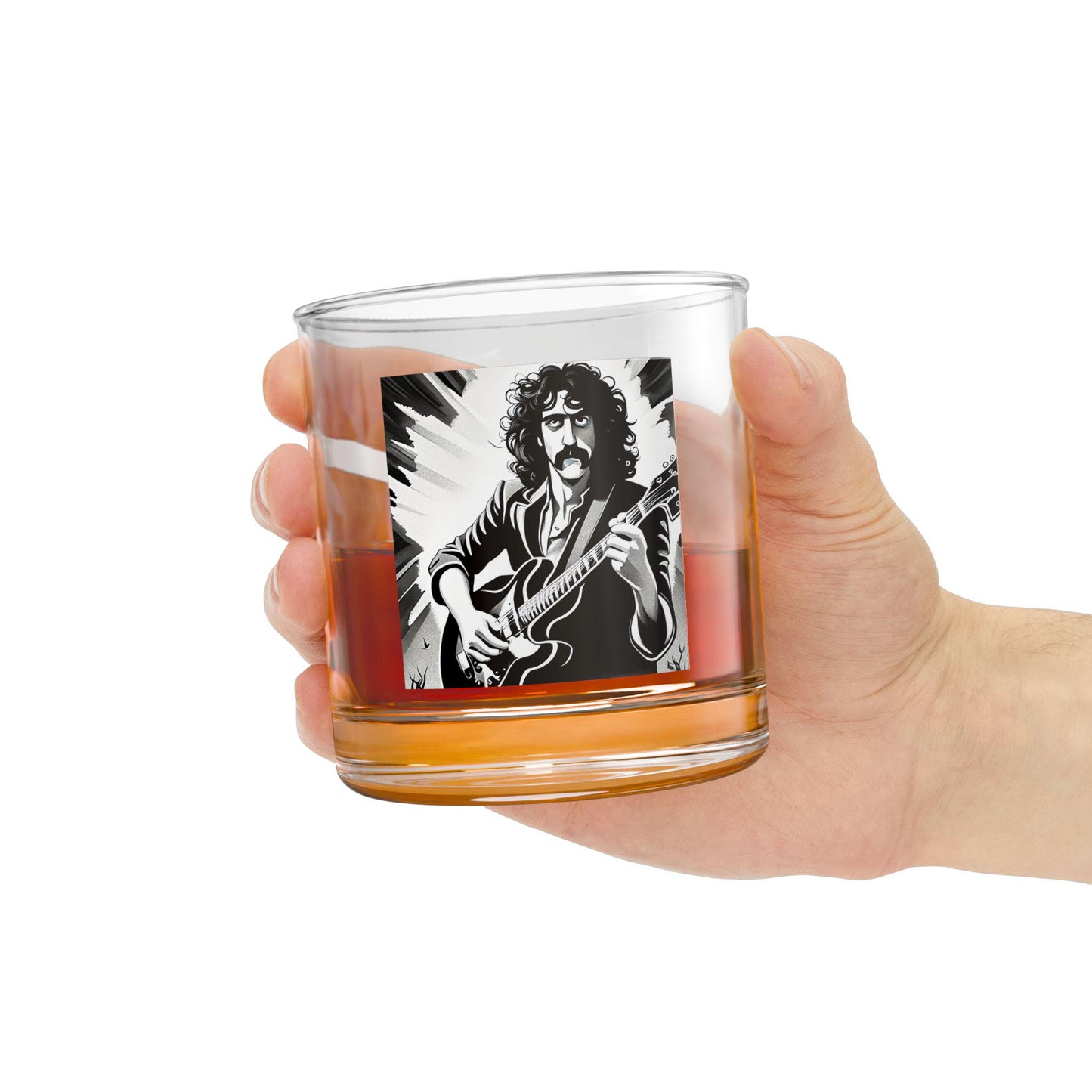 Hand holding a glass with a black and white illustration of a musician playing guitar on a white background