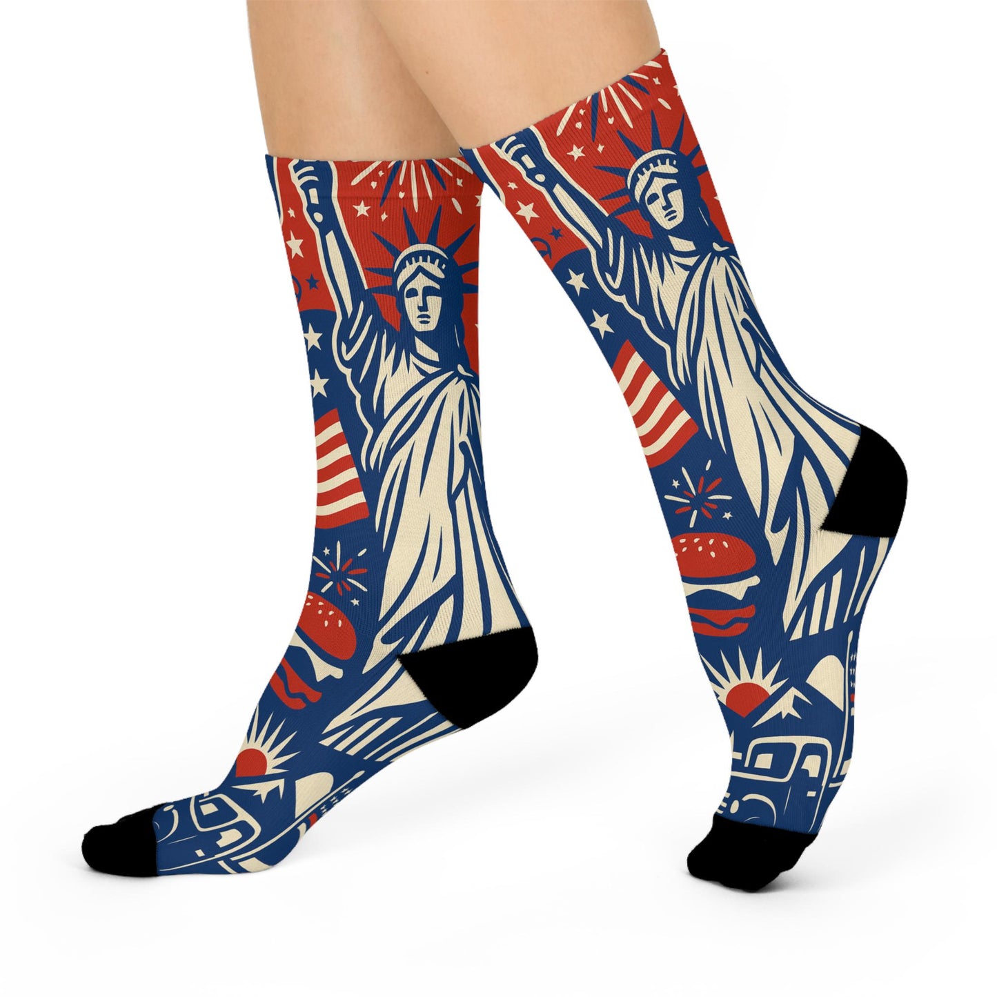 Socks with Statue of Liberty design on a white background