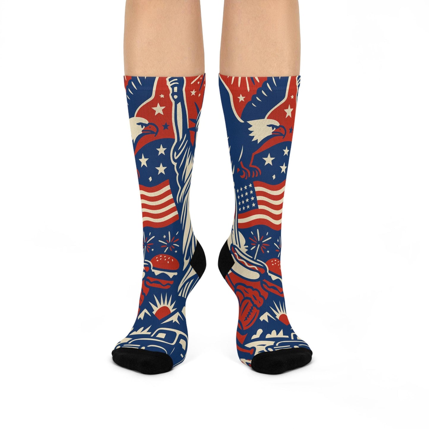 Crew socks with American flag and eagle design on a white background