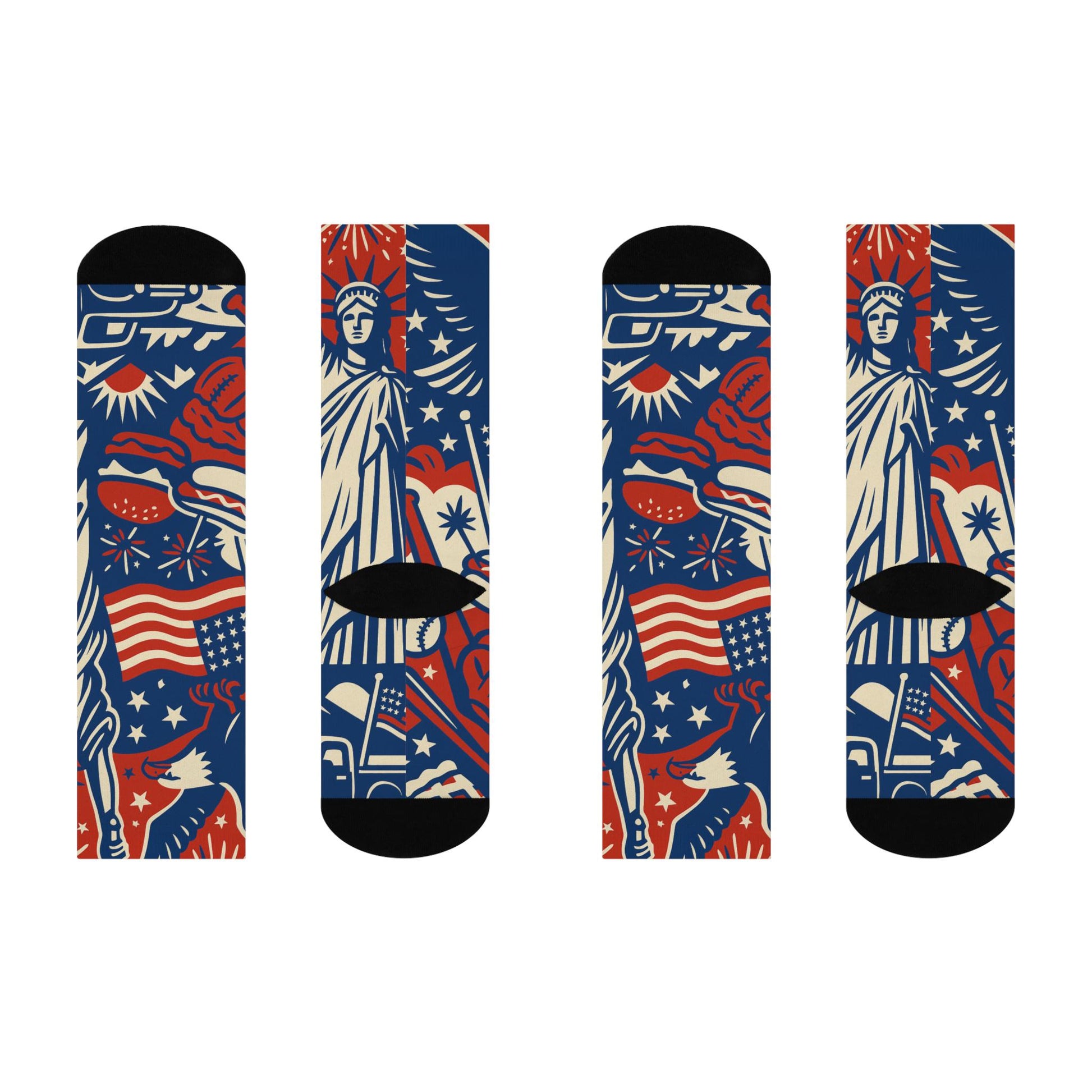 Two pairs of socks with American flag and Statue of Liberty design on a white background