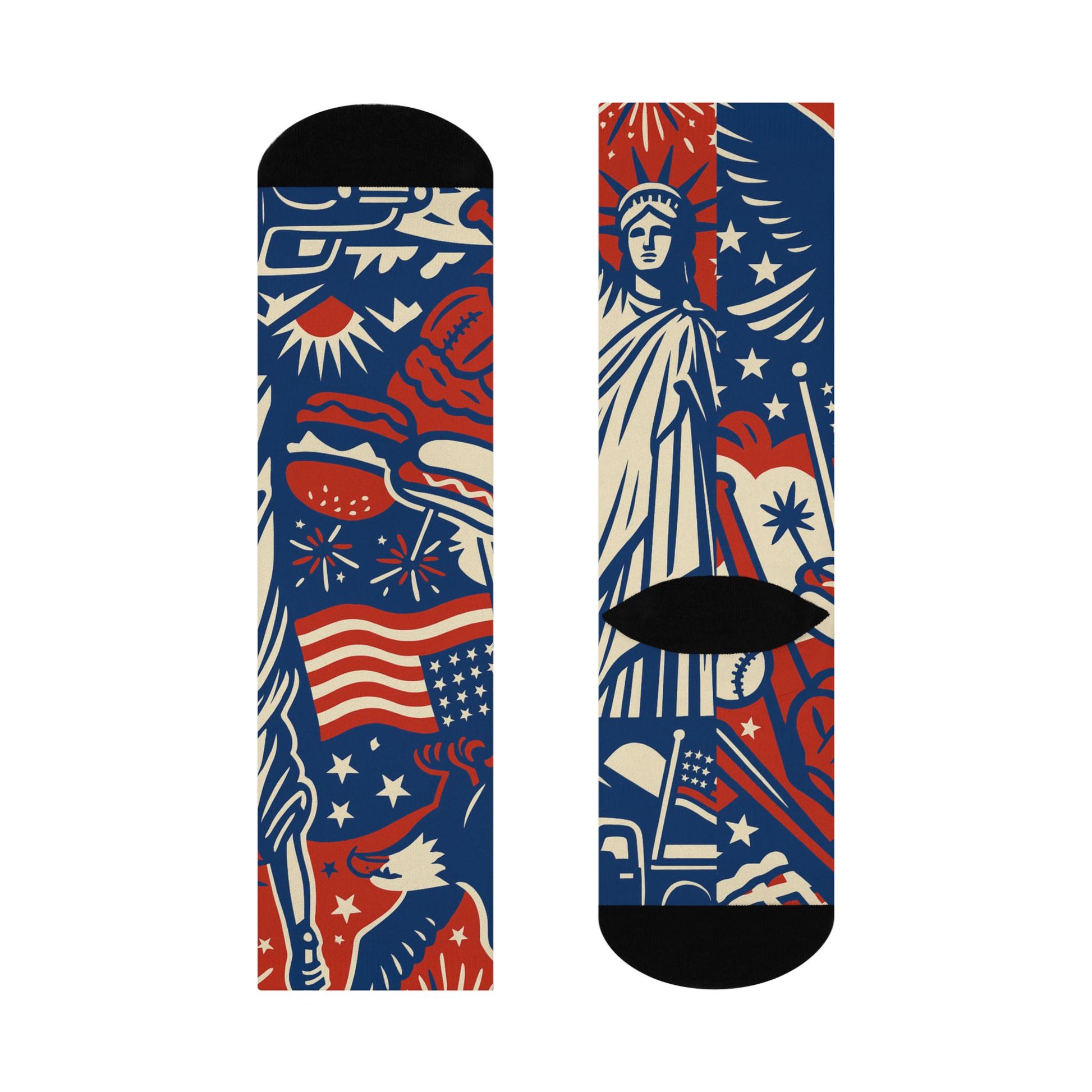 Two socks with American-themed designs featuring the Statue of Liberty and flag on a blue background.