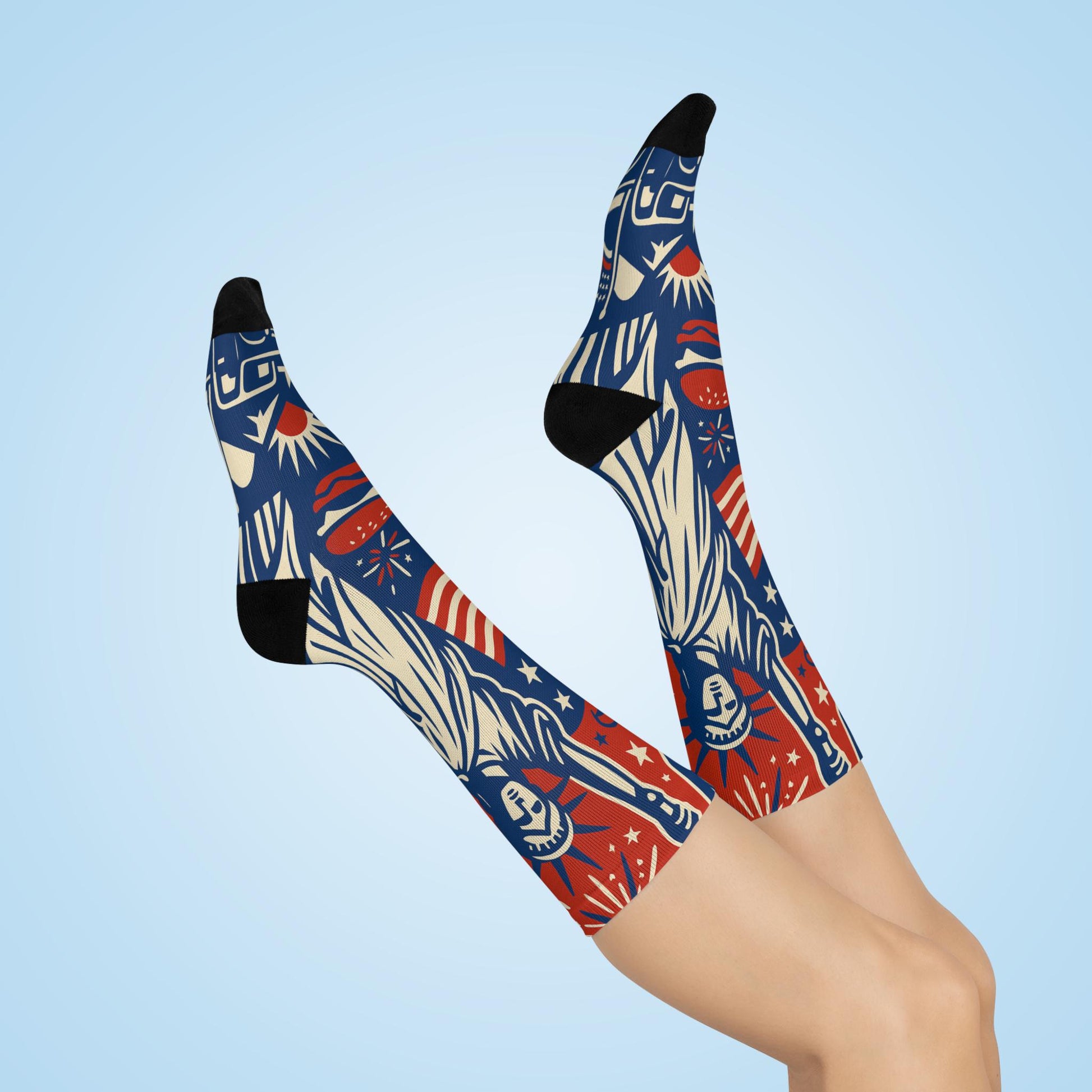 Colorful patterned socks on a light blue background