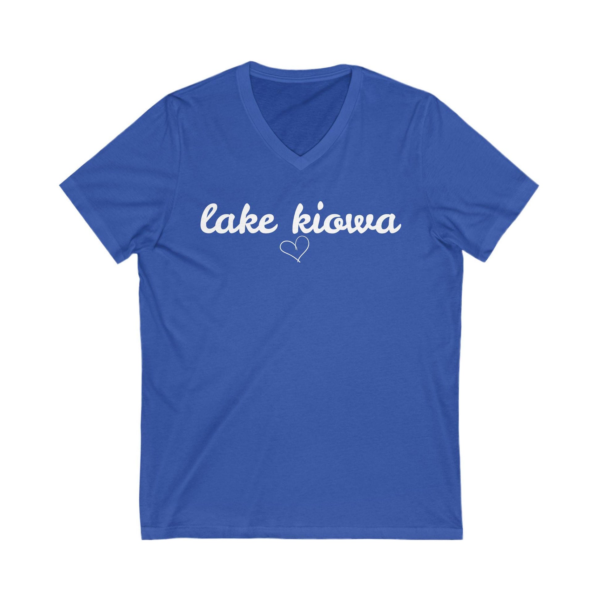 Blue t-shirt with 'lake kiowa' text on a white background