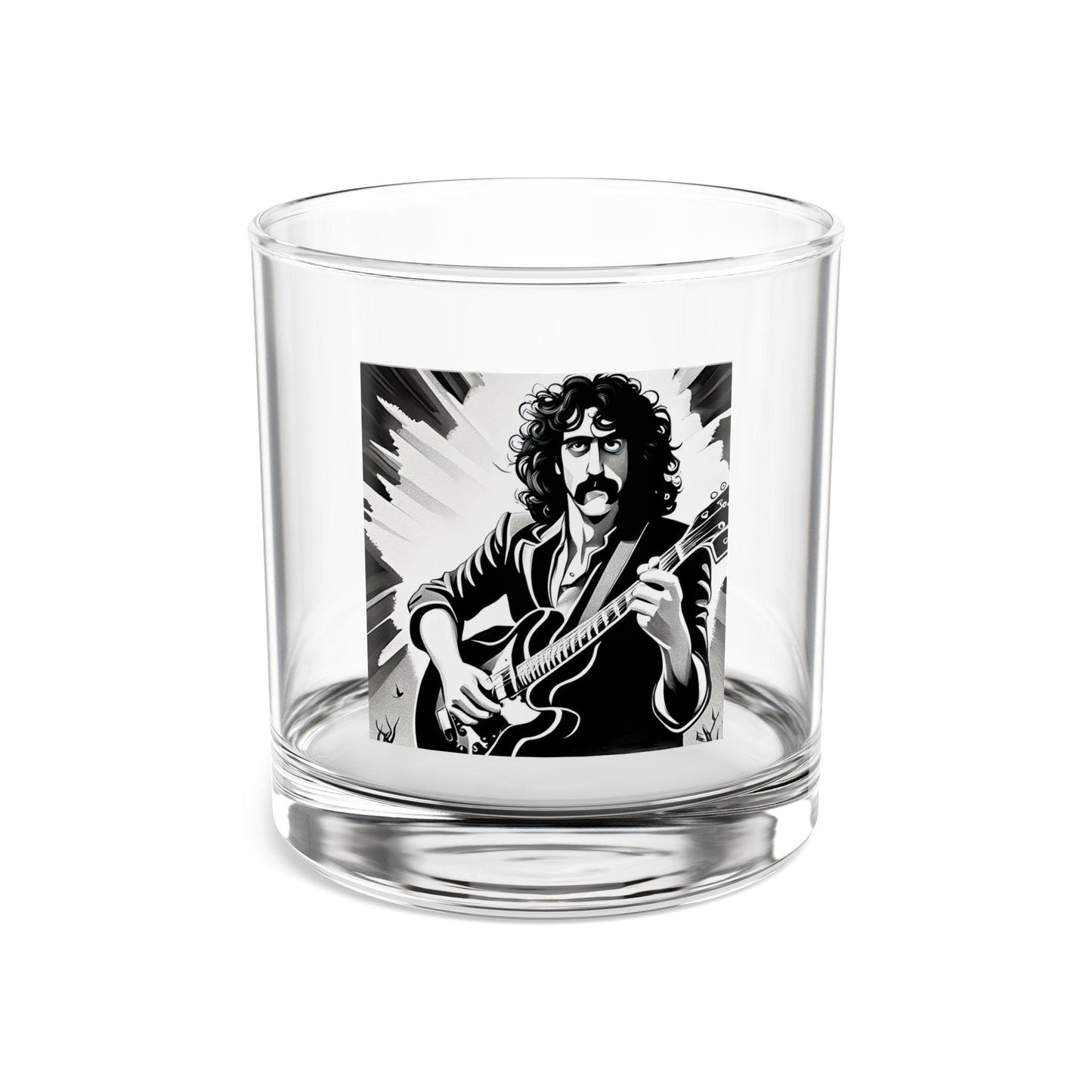 Clear glass tumbler with a black and white illustration of a person playing guitar on a white background