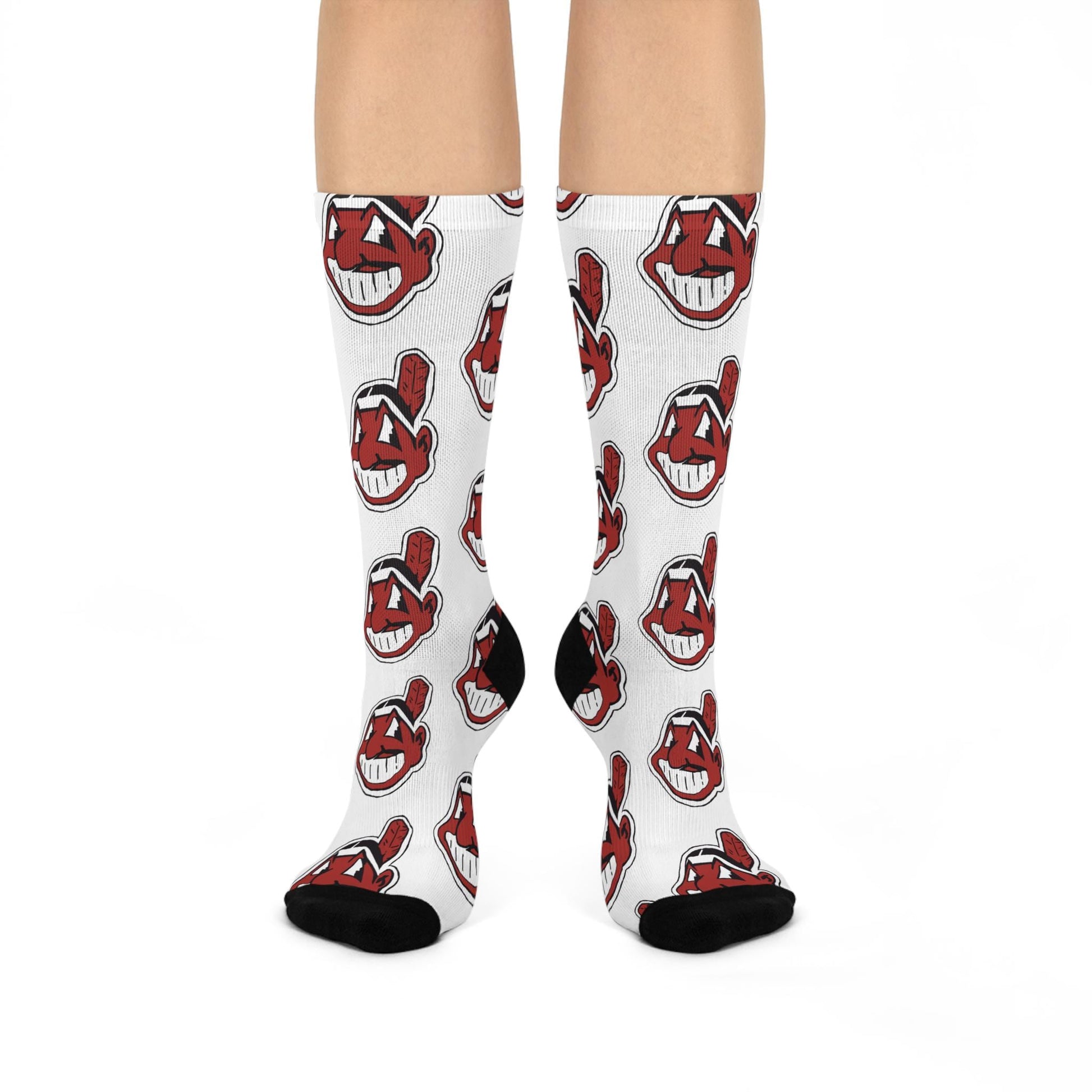 White socks with red and black graphic design on a white background