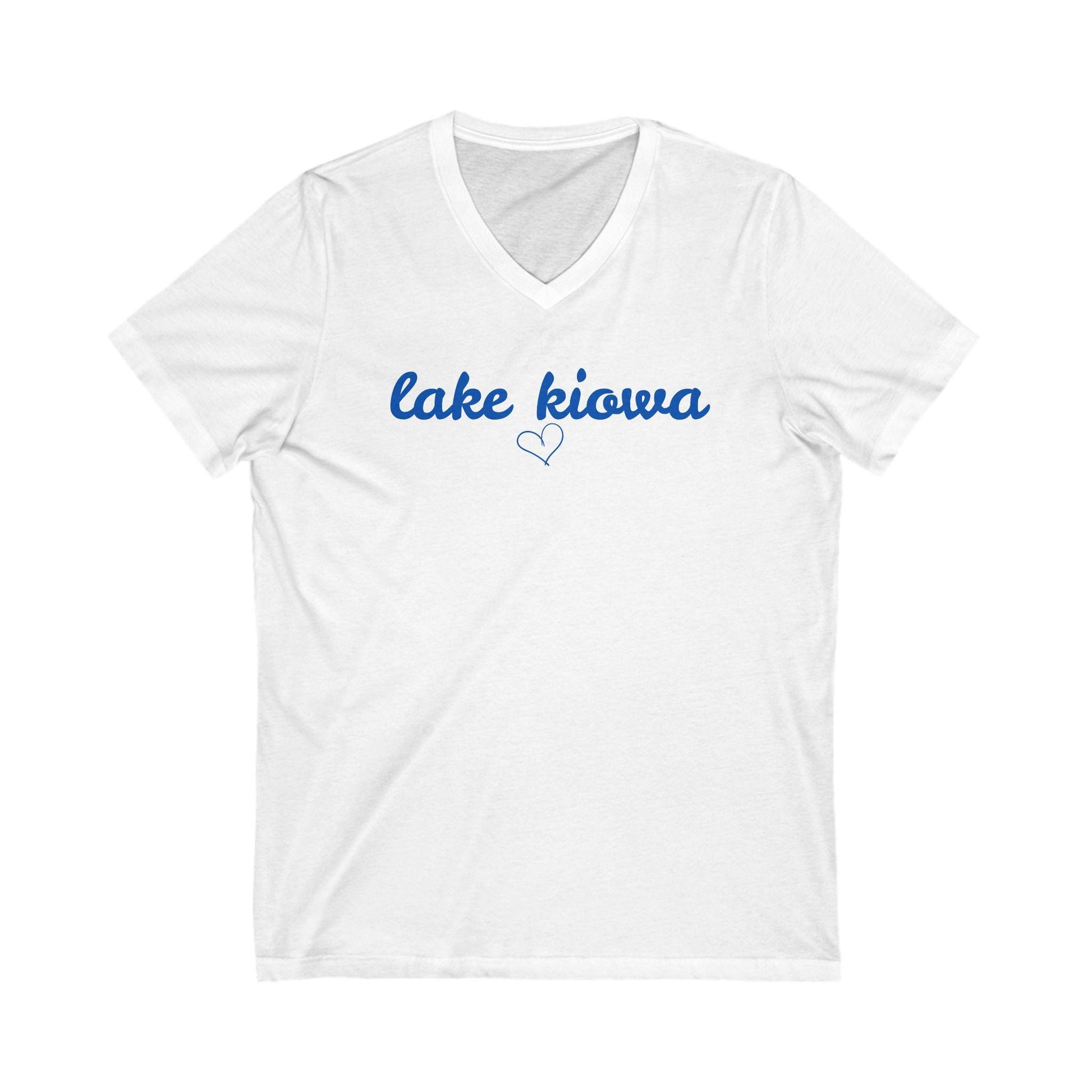 White t-shirt with 'lake kiowa' text in blue on a white background