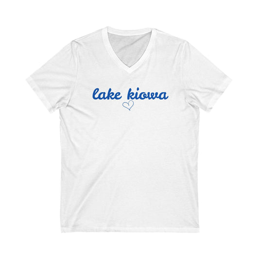 White t-shirt with 'lake kiowa' text in blue on a white background