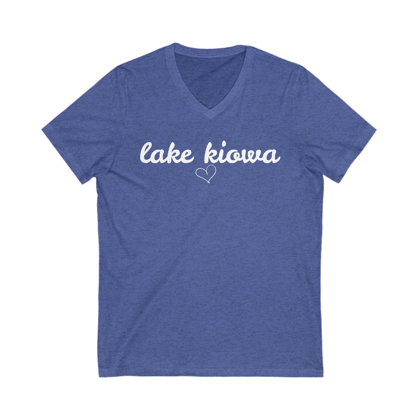 Blue t-shirt with 'lake kiowa' text on a white background