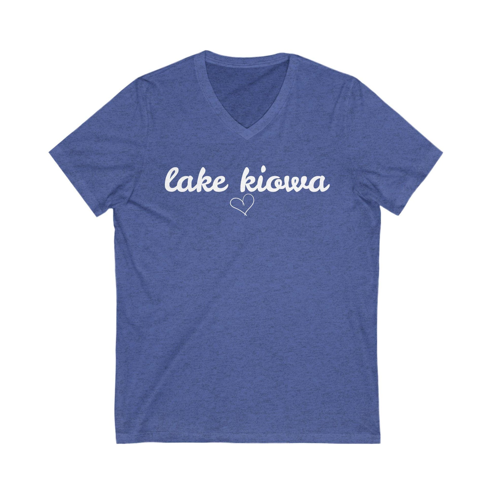 Blue t-shirt with 'lake kiowa' text on a white background
