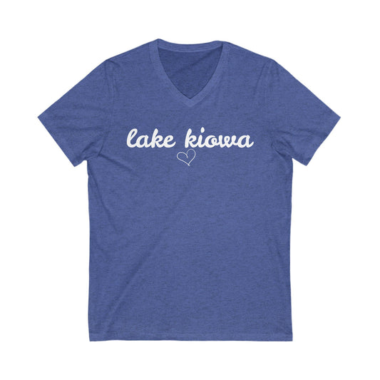 Blue t-shirt with 'lake kiowa' text on a white background