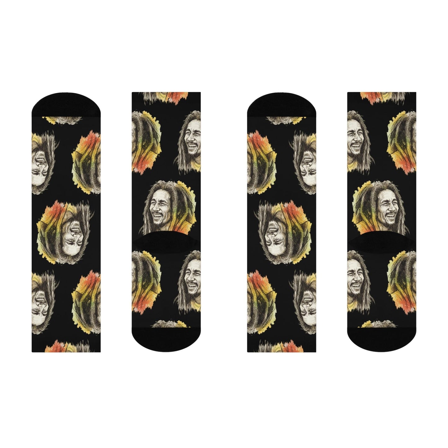Four socks with a pattern of a smiling face with dreadlocks on a black background