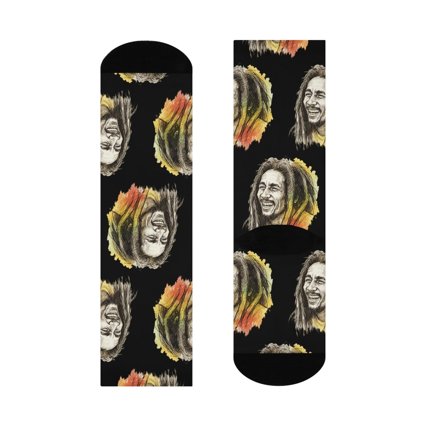 Two socks with a pattern of a smiling face with dreadlocks on a black background.