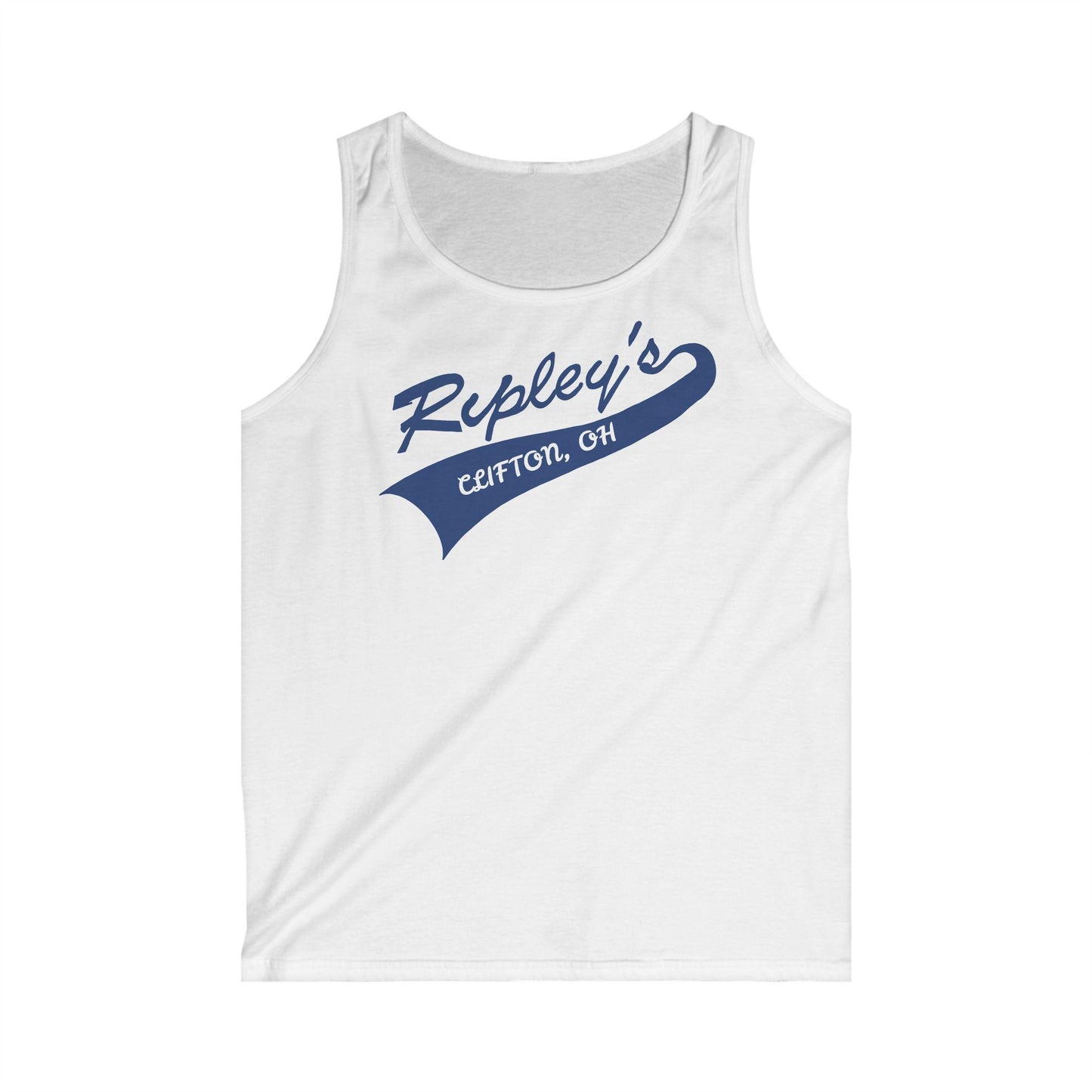 White tank top with blue 'Ripley's' logo on a white background